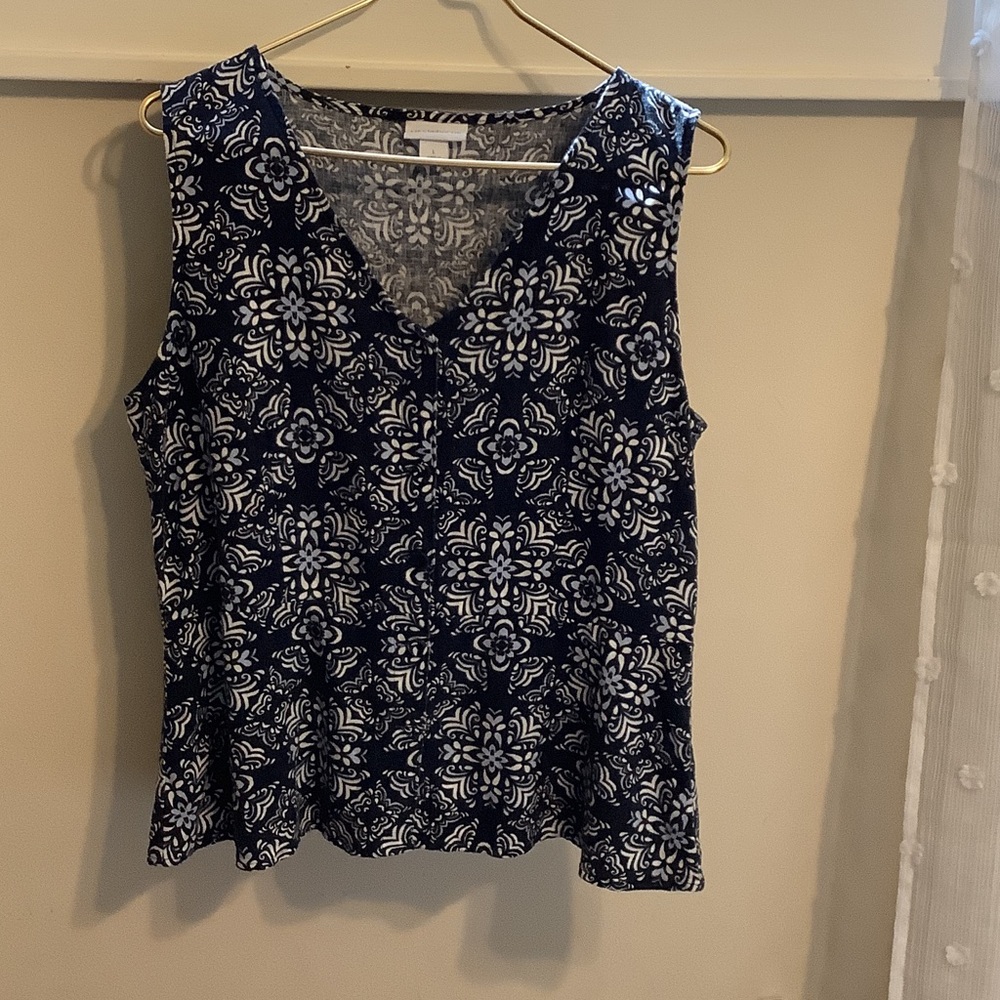 Liz Claiborne Navy and White Patterned Tank Top